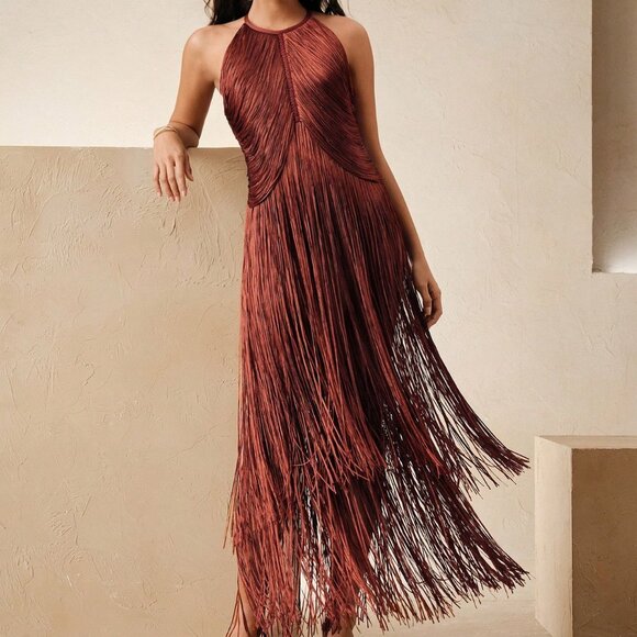 Redwood Elegant Women's Bohemian Fringe Maxi Dress - Picture 5 of 7